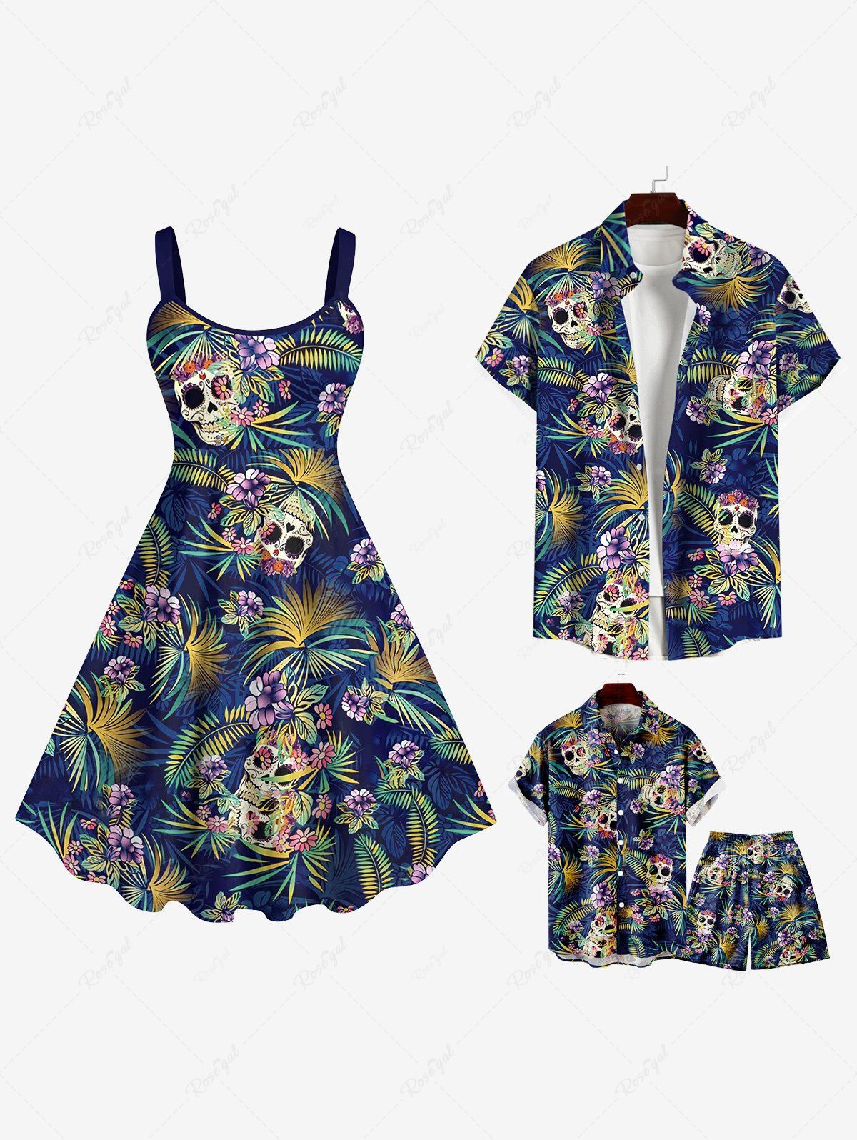 Online Skulls Coconut Tree Leaf Flower Print Plus Size Matching Hawaii Beach Outfit For Family  