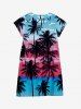 Kid's Coconut Tree Colorblock Cloud Birds Print Buttons Peter Pan Collar Hawaii Dress -  