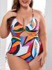 Plus Size Geometric Patterns Colorblock Print Cinched Hollow Out Crisscross Strapy One Piece Swimsuit -  