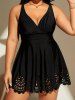 Plus Size Surplice Ruched Cut Out Floral Trim Tankini Swimsuit -  