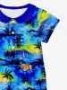 Kid's Turn-down Collar Coconut Tree Sea Sun Print Hawaii Button Dress -  