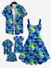 Kid's Turn-down Collar Coconut Tree Sea Sun Print Hawaii Button Dress -  