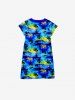 Kid's Turn-down Collar Coconut Tree Sea Sun Print Hawaii Button Dress -  