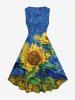 Plus Size Oil Painting Sunflowers Leaf Sea Waves Sun Print 1950s Vintage Dress -  