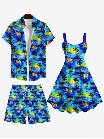 Coconut Tree Floral Sea Sun Print Plus Size Matching Hawaii Beach Outfit For Couples