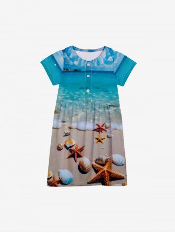 Kid's Shell Starfish Ombre Sea Print Hawaii Button Dress