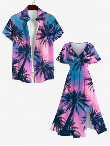Sky Aurora Colorblock Coconut Tree Print Plus Size Matching Hawaii Beach Outfit For Couples