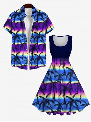 Coconut Tree Ombre Aurora Colorblock Print Plus Size Matching Hawaii Beach Outfit For Couples - MULTI-A