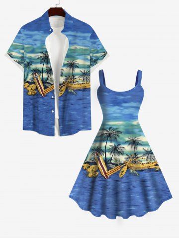 Coconut Tree Boat Sea Guitar Print Plus Size Matching Hawaii Beach Outfit For Couples - BLUE