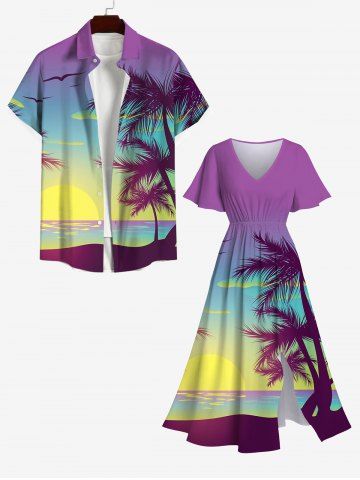 Coconut Tree Sunset Sea Print Plus Size Matching Hawaii Beach Outfit For Couples - MULTI-A