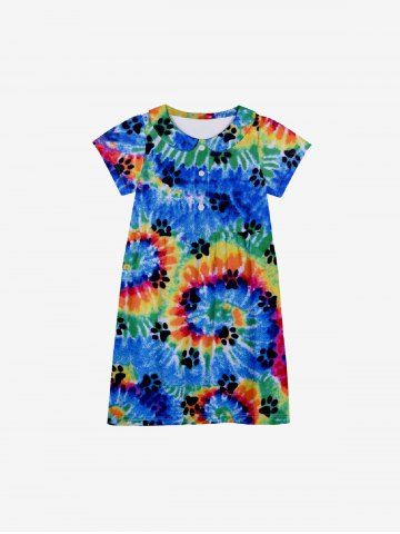Kid's Colorful Spiral Tie Dye Cat Paw Print Hawaii Button Dress