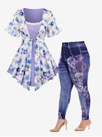 Floral Print Mesh Heart Buckle Heathered 2 in 1 T-shirt and High Rise Gym 3D Jeggings Plus Size Matching Set - PURPLE