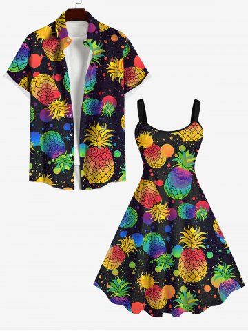 Pineapple Paint Splatter Print Plus Size Matching Hawaii Beach Outfit For Couples - BLACK
