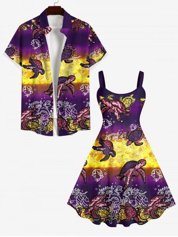 Turtle Fish Seaweed Print Sea Creatures Plus Size Matching Hawaii Beach Outfit For Couples