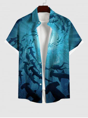 Plus Size Spiral Diver Fish Ombre Seabed Print Hawaii Button Pocket Shirt For Men - BLUE - 2XL