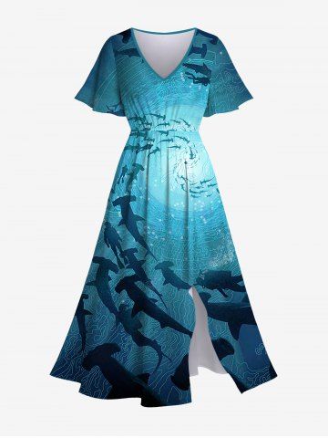 Plus Size Spiral Diver Fish Ombre Seabed Print Hawaii Split Pocket A Line Dress - BLUE - S