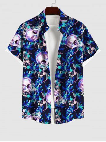 Plus Size Skulls Glory Flower Print Hawaii Button Pocket Shirt For Men - MULTI-A - L