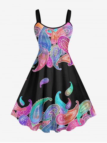 Plus Size Colorful Ombre Paisley Print Backless Hawaii A Line Tank Dress - BLACK - XS