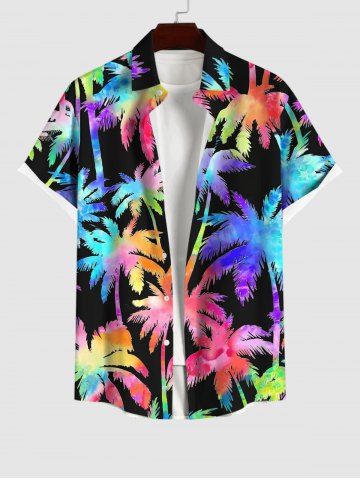 Plus Size Coconut Tree Tie Dye Print Printed Pocket Buttons Shirt Hawaii For Men - MULTI-A - S