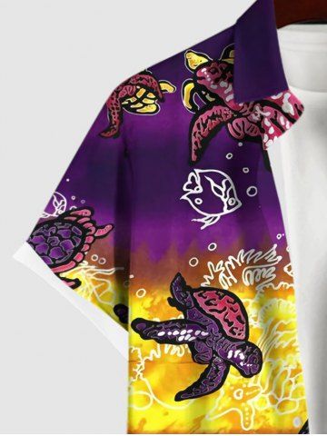 Plus Size Turtle Fish Seaweed Colorblock Print Sea Creatures Hawaii Shirt For Men