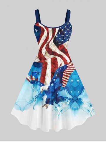 Plus Size American Flag Eagle Watercolor Print Tank Dress - MULTI-A - S