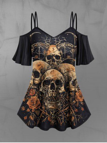 Gothic Cold Shoulder Distressed Skulls Rose Flower Horn Print Cami T-shirt - BLACK - XS