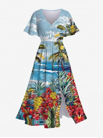 Plus Size Pineapple Coconut Tree Flowers Sea Waves Cloud Print Hawaii Split Dress - MULTI-A - S