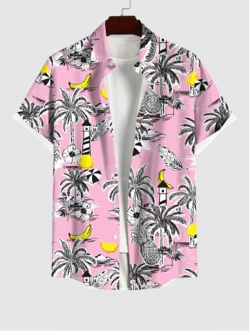 Plus Size Coconut Tree Floral Banana Pineapple Print Button Pocket Hawaii Shirt For Men - LIGHT PINK - S