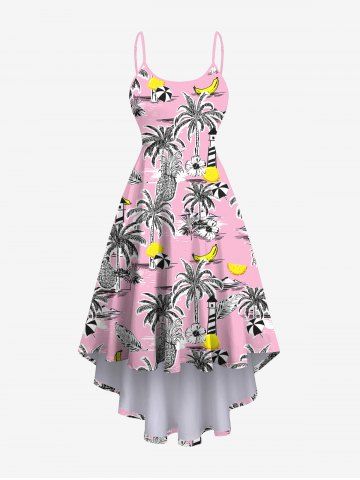 Plus Size Coconut Tree Floral Banana Pineapple Beach Print High Low Asymmetric Hawaii Backless Cami Dress - LIGHT PINK - XS