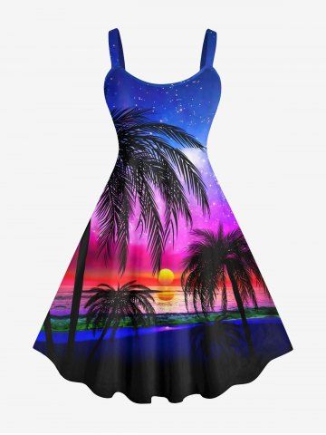 Plus Size Coconut Tree Sunset Galaxy Ombre Print Buttons Pocket Hawaii Tank Dress - MULTI-A - M