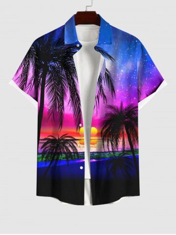 Plus Size Coconut Tree Sunset Galaxy Ombre Print Buttons Pocket Hawaii Shirt For Men - MULTI-A - 4XL