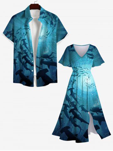 Plus Size Spiral Diver Fish Ombre Seabed Print Hawaii Split Pocket A Line Dress