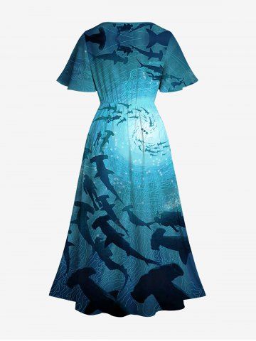 Plus Size Spiral Diver Fish Ombre Seabed Print Hawaii Split Pocket A Line Dress