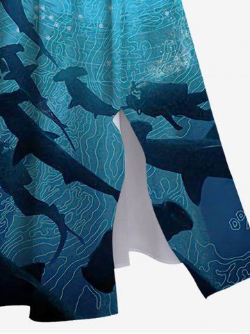 Plus Size Spiral Diver Fish Ombre Seabed Print Hawaii Split Pocket A Line Dress