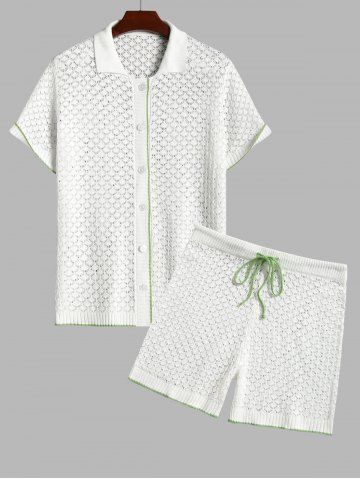 Men's Matching Two Piece Openwork Pointelle Knit Polo Collar Short Sleeves Shirt and Drawstring Casual Shorts Set - WHITE - L