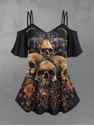 Gothic Cold Shoulder Distressed Skulls Rose Flower Horn Print Cami T-shirt -  
