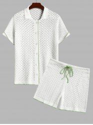 Men's Matching Two Piece Openwork Pointelle Knit Polo Collar Short Sleeves Shirt and Drawstring Casual Shorts Set -  