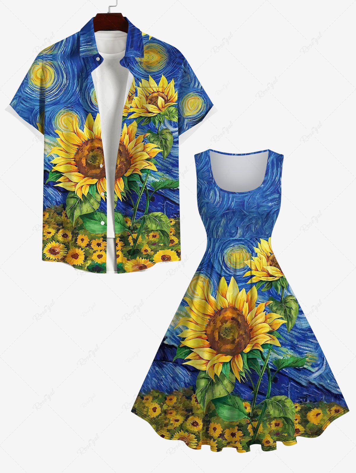 Discount Oil Painting Sunflower Leaf Sun Print Plus Size Matching Hawaii Beach Outfit For Couples  