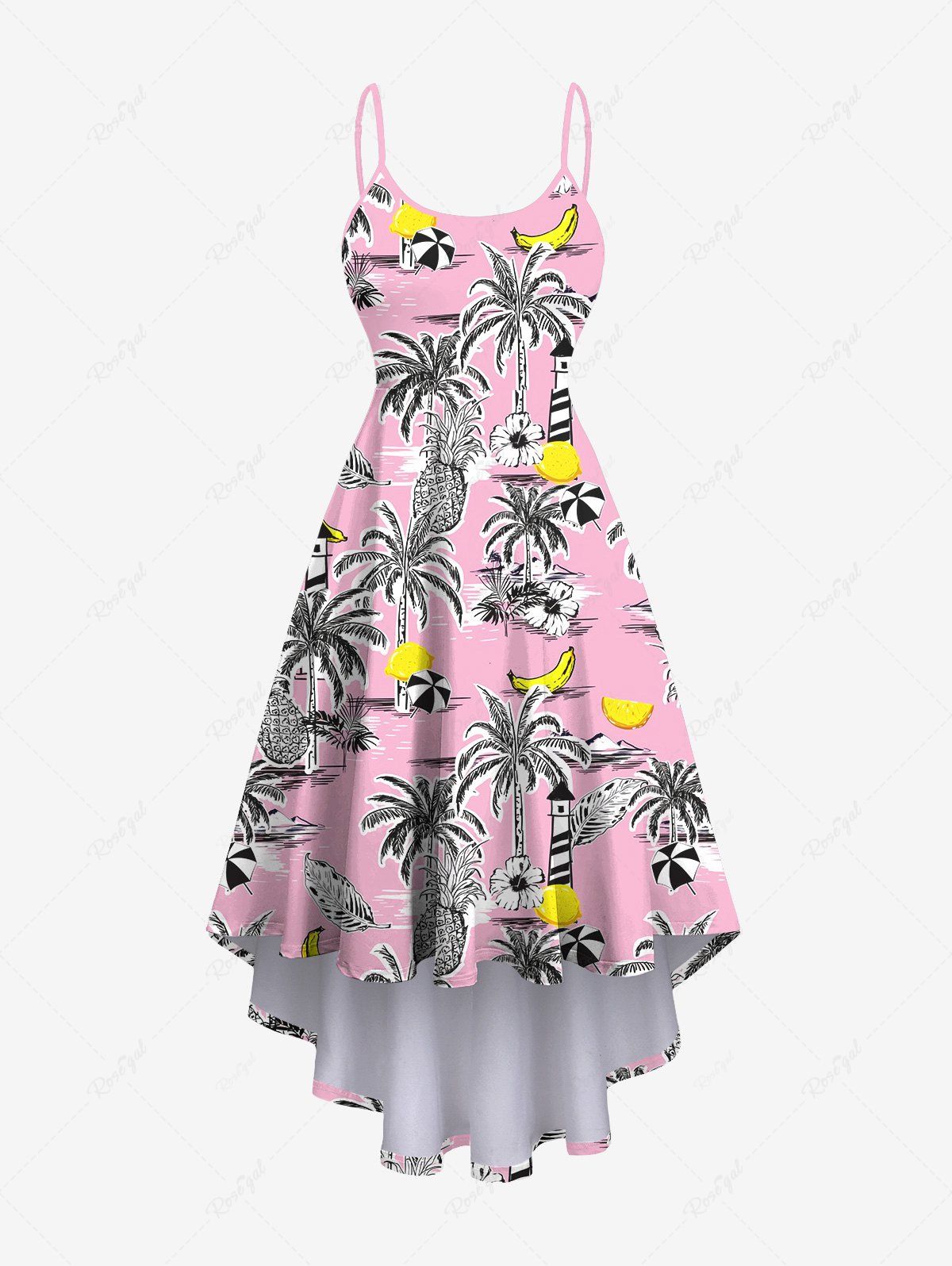 Fancy Plus Size Coconut Tree Floral Banana Pineapple Beach Print High Low Asymmetric Hawaii Backless Cami Dress  