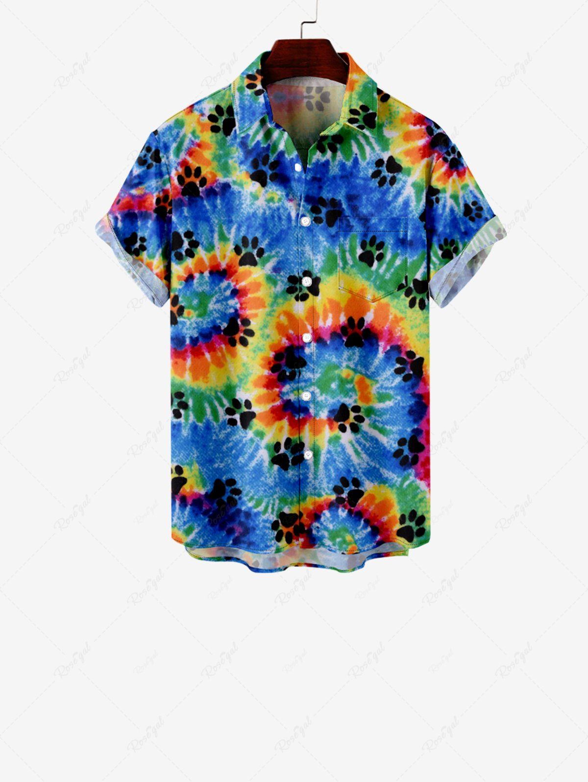 Fashion Kid's Colorful Spiral Tie Dye Cat Paw Print Hawaii Button Pocket Shirt  