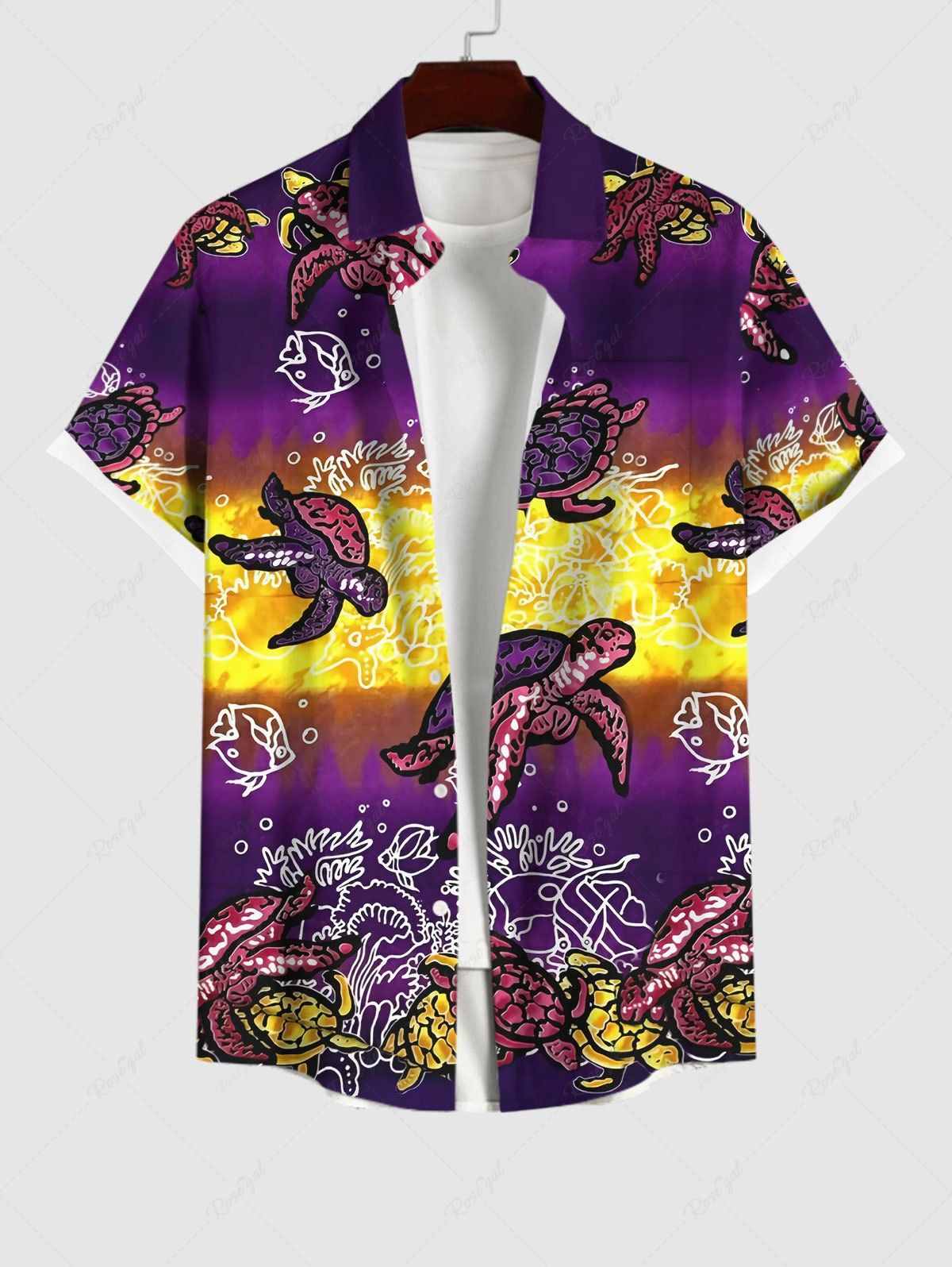 Online Plus Size Turtle Fish Seaweed Colorblock Print Sea Creatures Hawaii Shirt For Men  