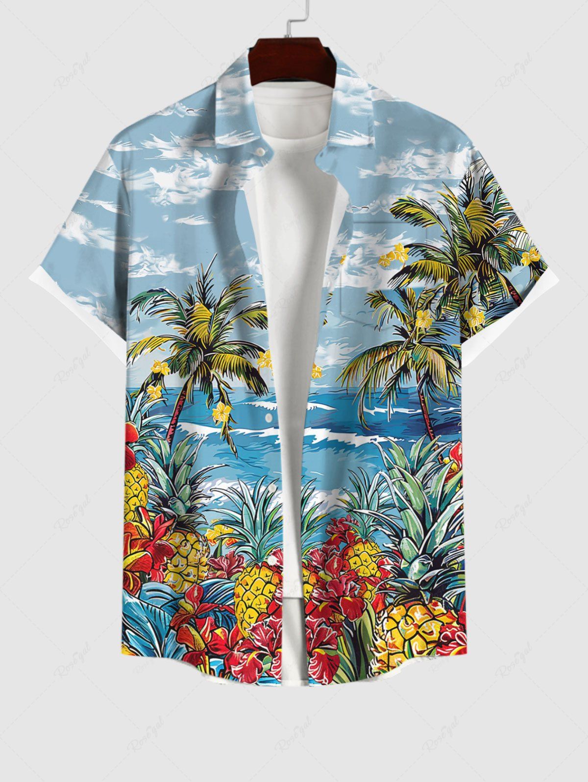 New Plus Size Pineapple Coconut Tree Flowers Sea Waves Cloud Print Buttons Pocket Hawaii Shirt For Men  