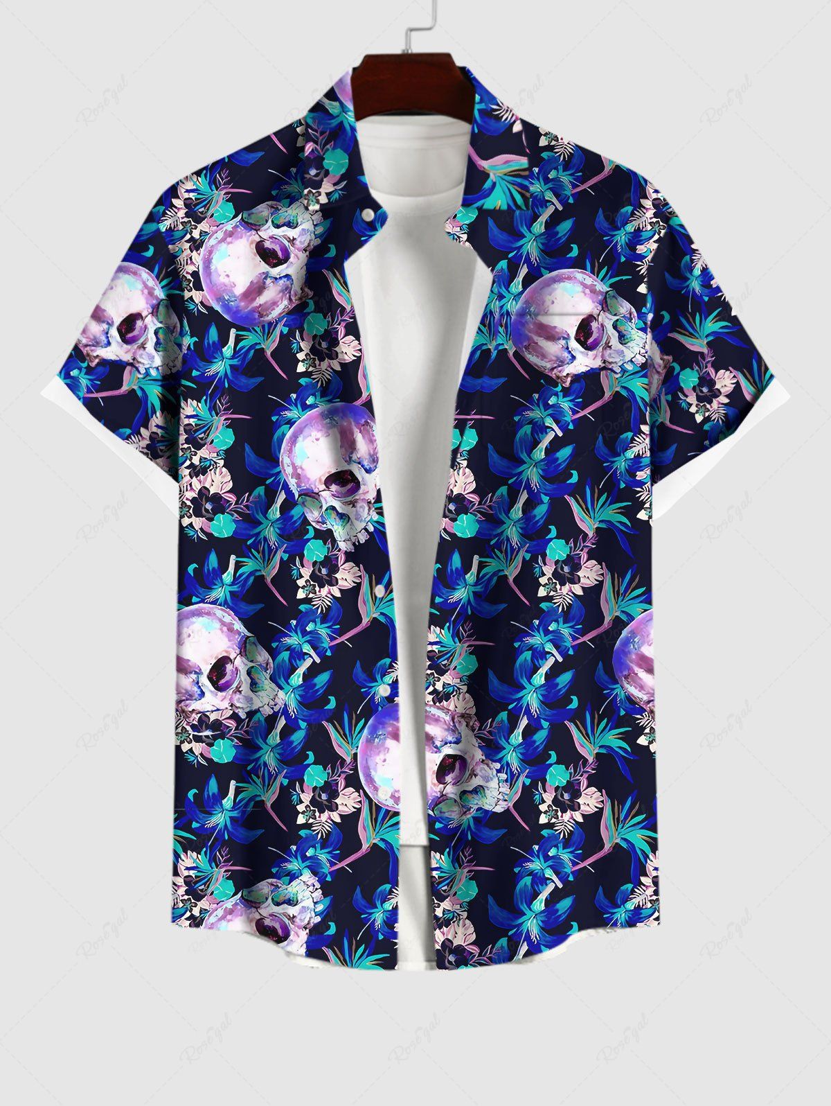 Cheap Plus Size Skulls Glory Flower Print Hawaii Button Pocket Shirt For Men  