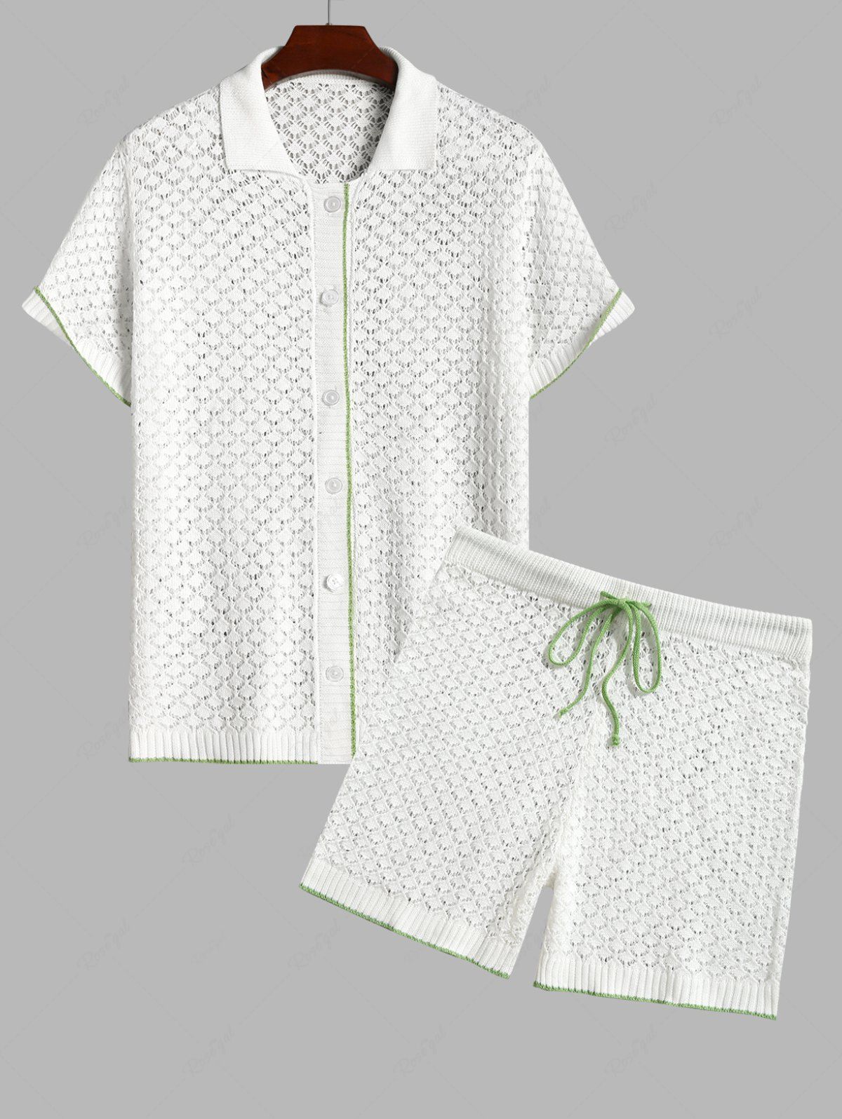Unique Men's Matching Two Piece Openwork Pointelle Knit Polo Collar Short Sleeves Shirt and Drawstring Casual Shorts Set  