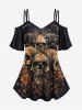 Gothic Cold Shoulder Distressed Skulls Rose Flower Horn Print Cami T-shirt -  