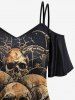 Gothic Cold Shoulder Distressed Skulls Rose Flower Horn Print Cami T-shirt -  