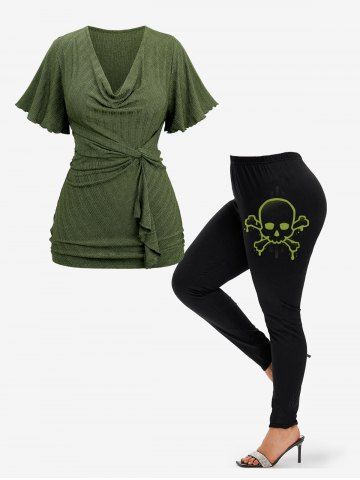 Twist Ruched Ruffles Cowl Neck Ribbed Top and Skull Printed Leggings Plus Size Summer Outfit - DEEP GREEN