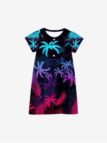 Kid's Ombre Coconut Tree Palm Leaf Print Buttons Peter Pan Collar Hawaii Dress - BLACK - 100