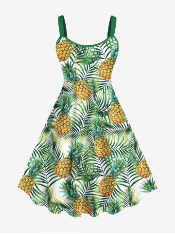 Plus Size Pineapple Coconut Tree Leaf Print Hawaii Tank Dress - GREEN - XS