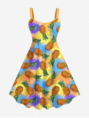 Plus Size Pineapple Splatter Tie Dye Colorblock Print Hawaii Tank Dress